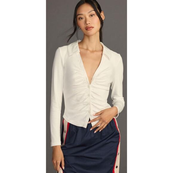 Anthropologie Maeve Ruched V Neck Button Up Collared Shirt White Womens Size XL - Picture 1 of 6